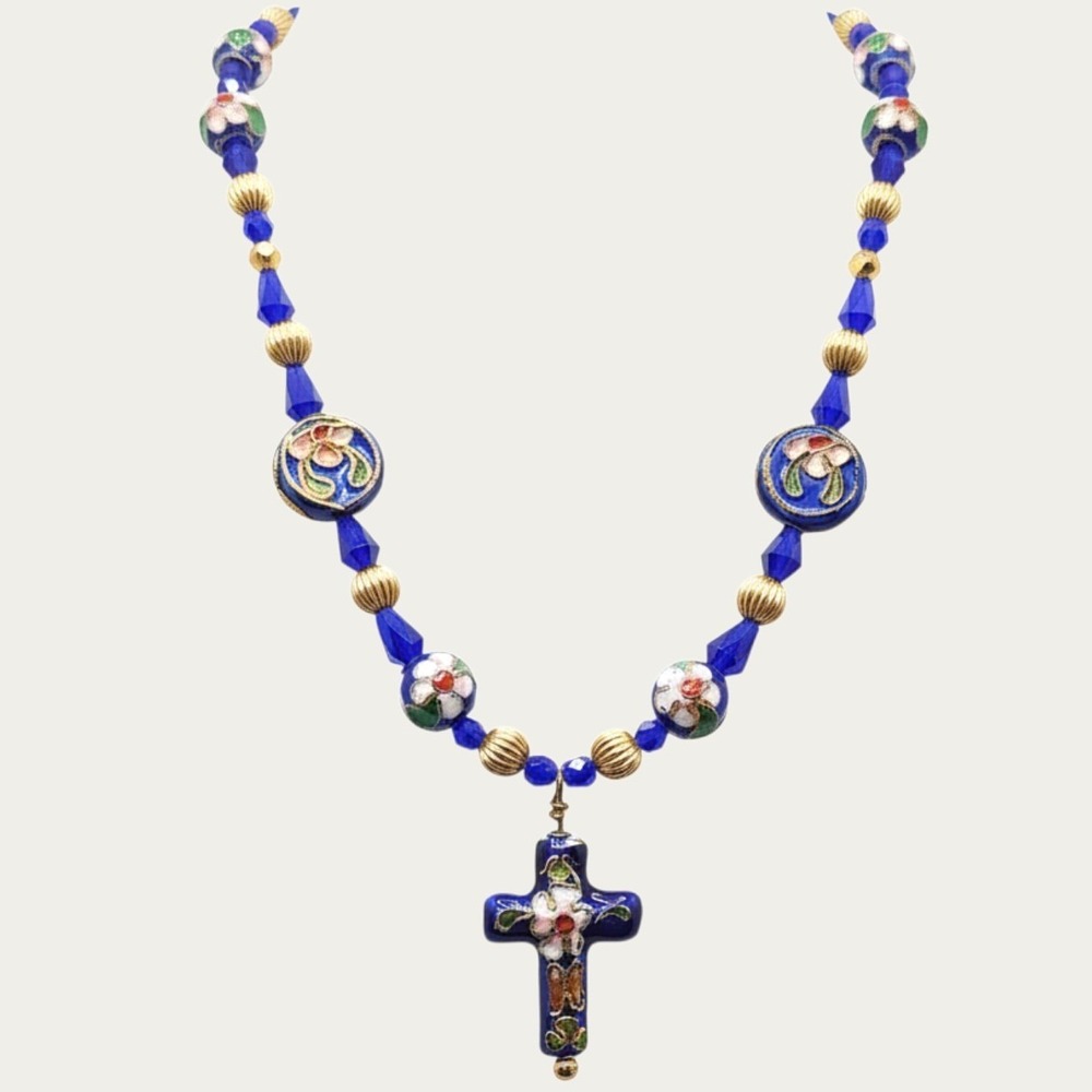 Vintage Cloisonne Enamel Cross Necklace Blue Glass Beads Floral Chinese Export